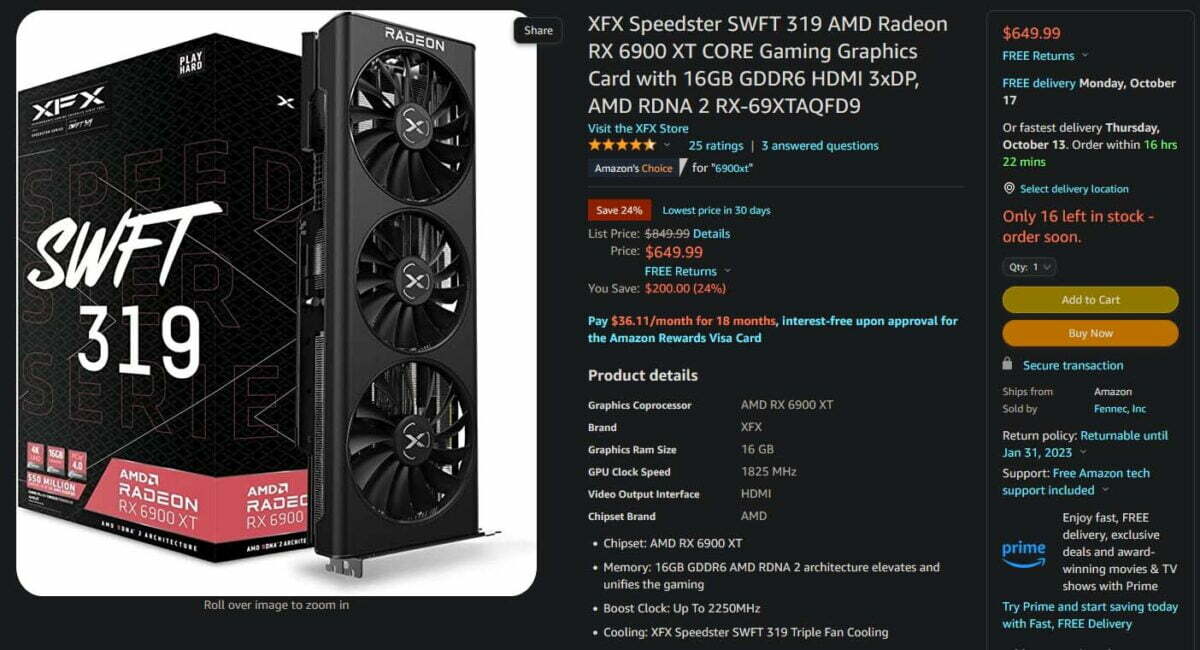 XFX Speedster SWFT 319 AMD Radeon RX 6900 XT Amazon $649.99
