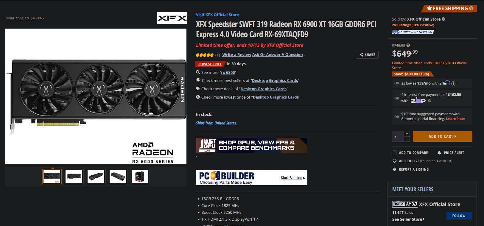 XFX Speedster SWFT 319 AMD Radeon RX 6900 XT Newegg $649.99