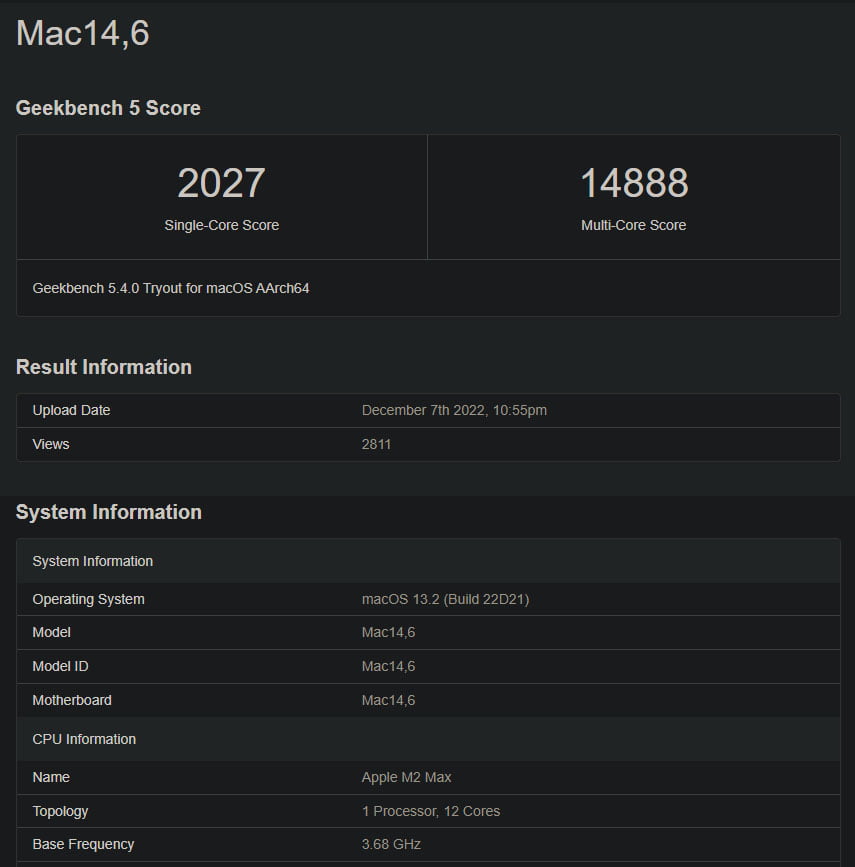 Apple M2 Max Leaked Geekbench Score
