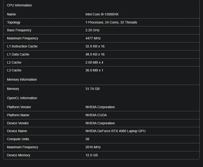 Nvidia GeForce RTX 4080 Mobile Geekbench