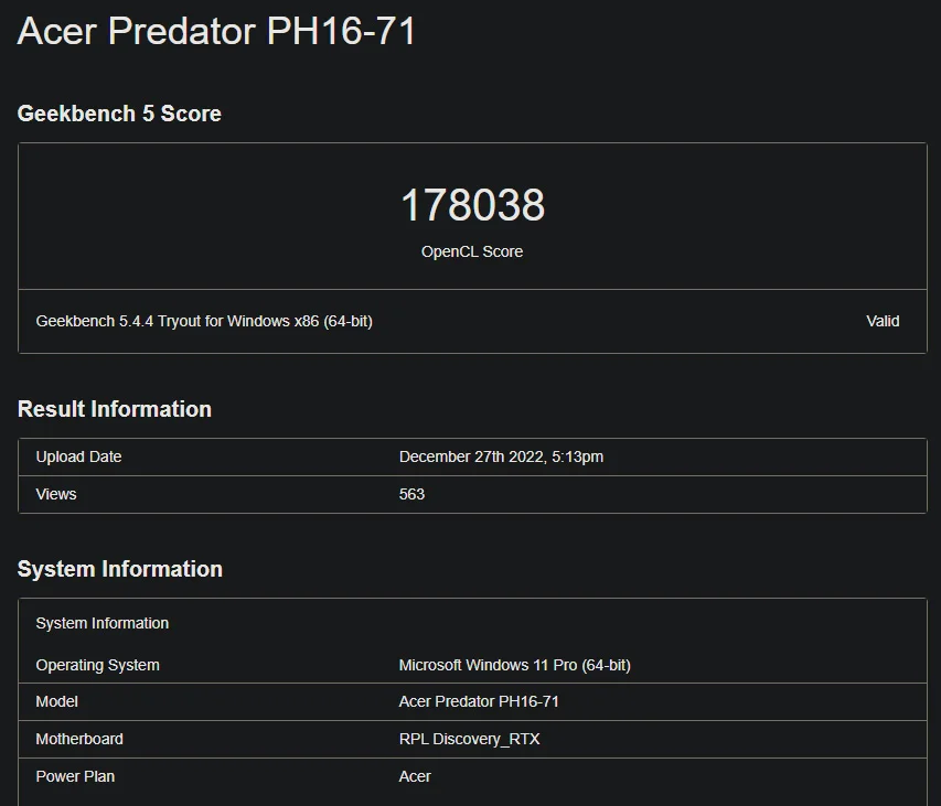 Nvidia GeForce RTX 4080 Mobile Geekbench