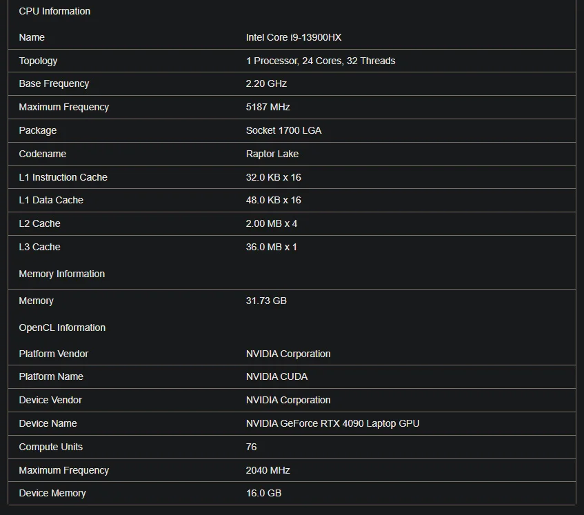 Nvidia GeForce RTX 4090 Mobile Geekbench