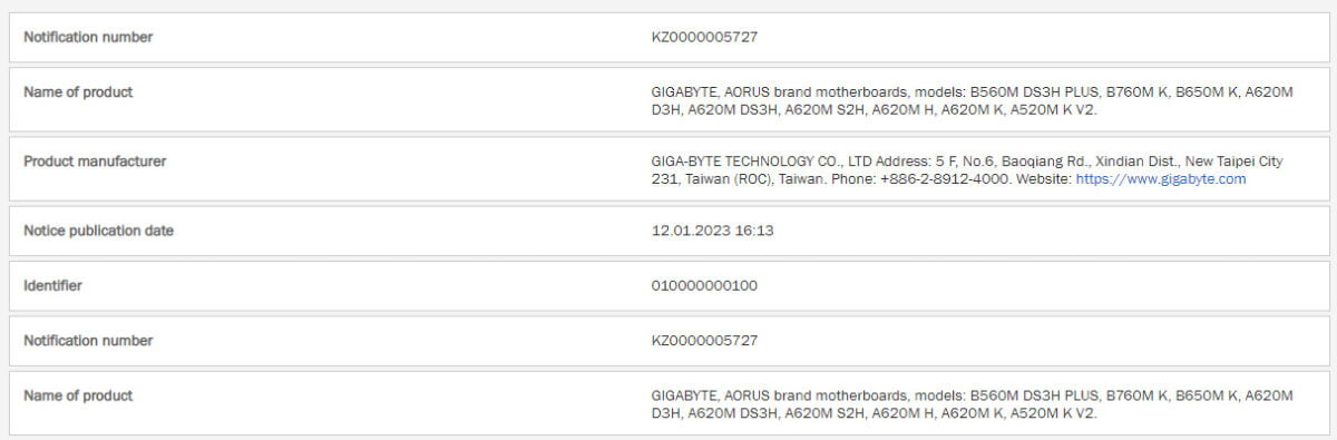 GIGABYTE A620 Motherboards AM5 EEC Submission