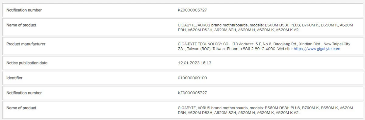 GIGABYTE A620 Motherboards AM5 EEC Submission