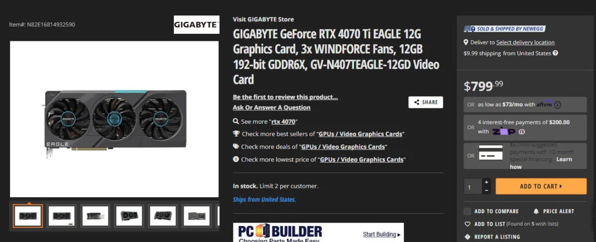 GIGABYTE RTX 4070 Ti Eagle Newegg