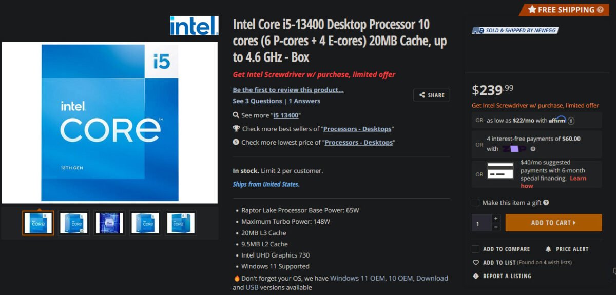 Intel Core i5-13400 on Newegg