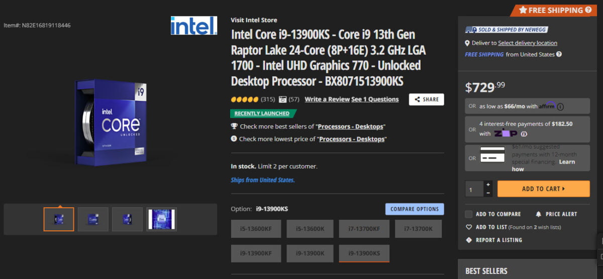 Intel Core i9-13900KS Available at Newegg $729.99