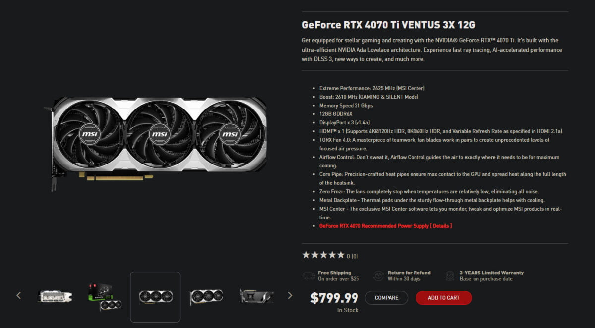 MSI GeForce RTX 4070 Ti VENTUS 3X