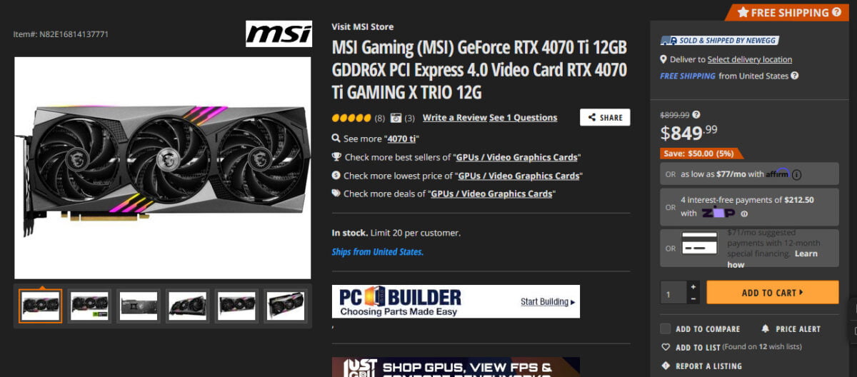 MSI RTX 4070 Ti Gaming X Trio $50 Discount Newegg