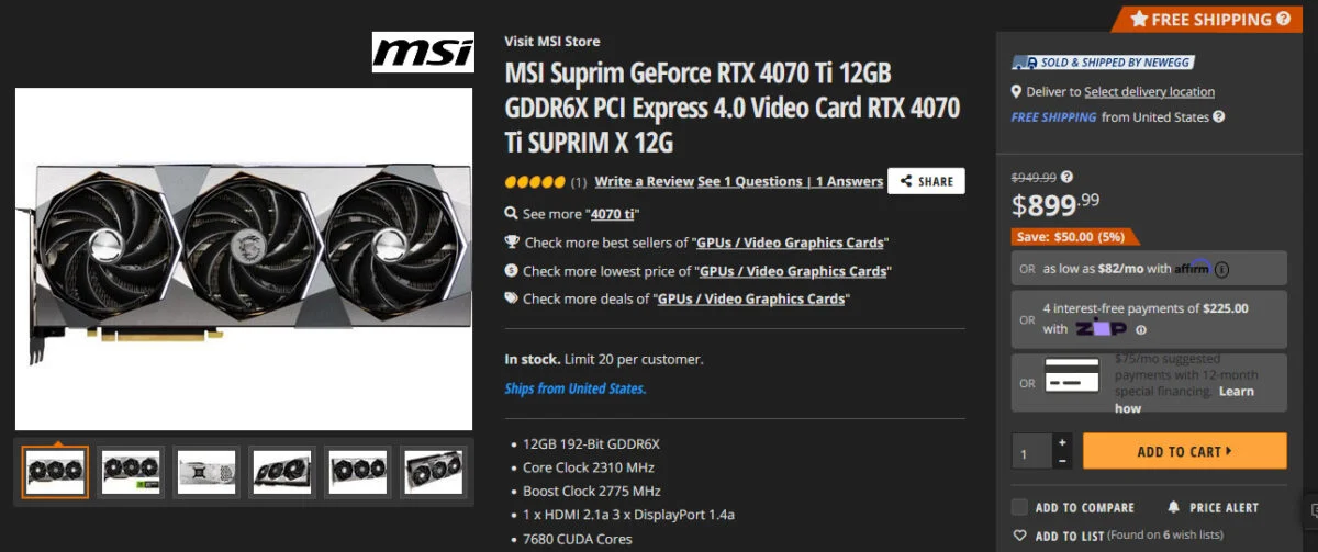 MSI RTX 4070 Ti SUPRIM X $50 Discount Newegg