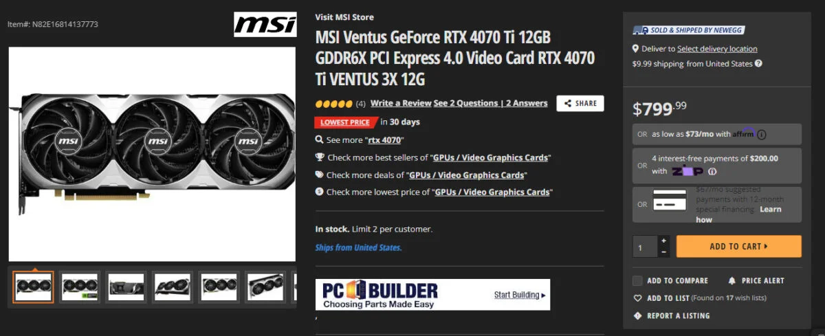 MSI RTX 4070 Ti VENTUS 3X Newegg