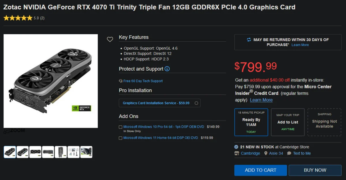 ZOTAC RTX 4070 Ti Trinity Micro Center